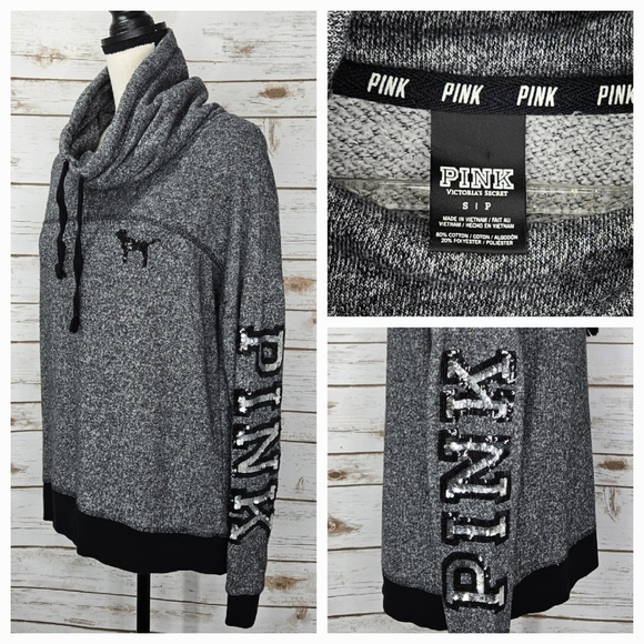 Pink Victoria Secret Cowl Neck Drawstring Bling Logo Sweater Small - Picture 7 of 7